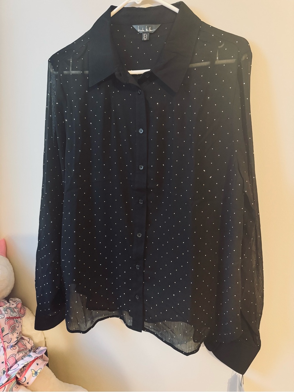 Nicole Miller - Sheer Chiffon Black with Silver sparkle Button-Up Blouse